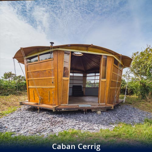 Caban Cerrig from outside with open doors